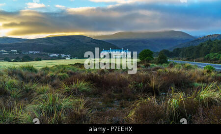 the volcano mount ruapehu in the clouds at sunrise, new zealand Stock Photo