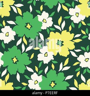 Colourful graphic large scale floral vector seamless pattern in green shades. Simplistic oversized hand drawn blooms scattered on emerald green backgr Stock Vector