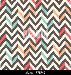 Retro Mod Vector Seamless Irregular Chevron Pattern in red, blue, orange on cream background. Stylish Fresh Geometric Graphic Triangles. Mid-century Stock Vector