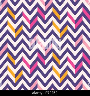 Retro Mod Vector Seamless Irregular Chevron Pattern in pink, purple, yellow on cream background.Stylish Fresh Geometric Graphic Triangles. Mid-century Stock Vector