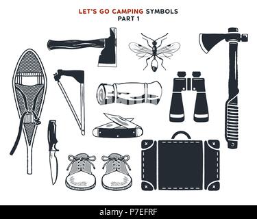 Vintage hand drawn adventure, hiking, camping shapes. Vintage snowshoes, axes, travel bag, binoculars, knife and others. Retro monochrome design. Can be used for t shirts, prints. Stock vector. Vol. 1 Stock Vector
