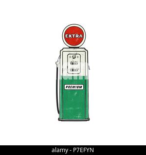 Retro style Gas station pump artwork. Vintage hand drawn design in distressed style. Unique gasoline pump illustration. Green and red colors palette. Stock vector isolated on white background Stock Vector