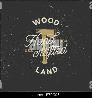 Vintage hand drawn woodworks logo and emblem. Wood land, hand crafted label. Typography lumberjack insignia with crossed axes and texts. Retro silhouette style. Stock vector illusration isolated Stock Vector