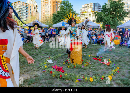 Aztec Dance Group, Gathering Festival, Summer Solstice Celebration, Vancouver, Emery Barnes Park, British Columbia, Canada. Stock Photo