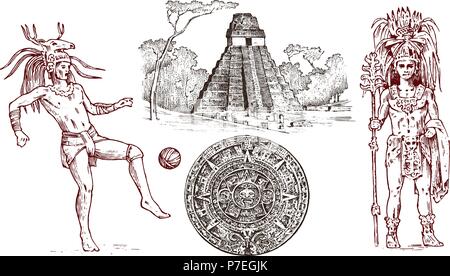 Maya Vintage pyramid, portrait of a man, traditional costume, calendar and decoration on the head. Native Aztec culture. Ancient Monochrome Mexico. Engraved hand drawn old sketch for label background Stock Vector