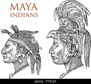 Maya Vintage style. Aztec culture. Portrait of a man, traditional costume and decoration on the head. Native tribe, Ancient Monochrome Mexico. engraved hand drawn old sketch. warrior for label. Stock Vector