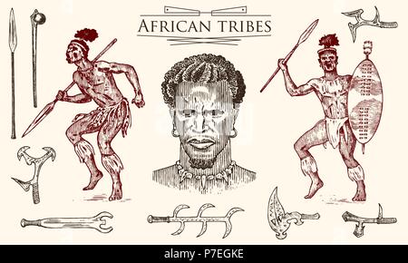 African tribes, portraits of Aborigines in traditional costumes. Australian Warlike black native man with spears and weapons. Engraved hand drawn old monochrome Vintage sketch for label. Stock Vector