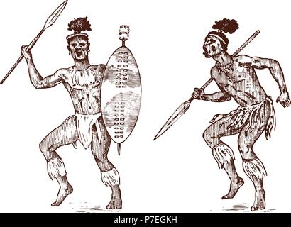 African tribes, Aborigines in traditional costumes. Australian Warlike black native man with spears and weapons. Engraved hand drawn old monochrome Vintage sketch for label. Stock Vector