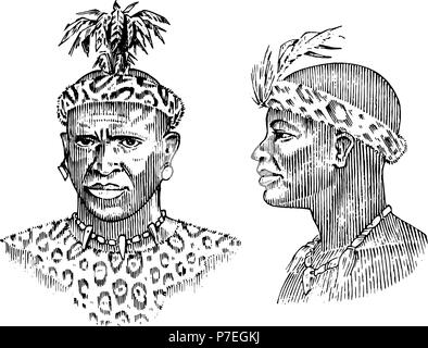 African tribes, portraits of Aborigines in traditional costumes. Australian Warlike black native man. Engraved hand drawn old monochrome Vintage sketch for label. Stock Vector