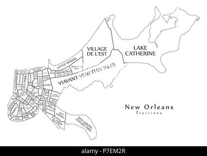 Modern City Map - New Orleans Louisiana city of the USA with neighborhoods and titles outline map Stock Vector