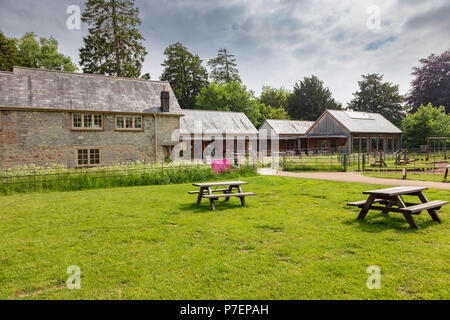 The Entrance to Dyffryn Gardens with Picnic tables near Cardiff, Wales, UK. Viewed from a public area Stock Photo