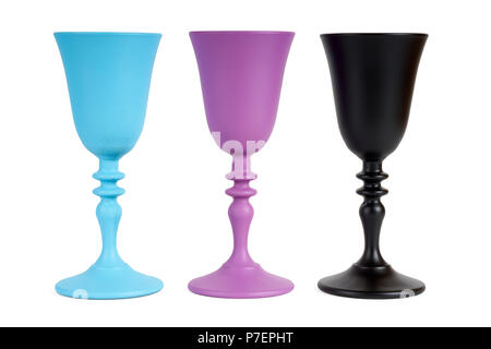 Three painted wine glasses isolated on white background Stock Photo