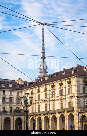 View of the Mole Antonelliana, the main landmark of Turin, from Piazza Vittorio Veneto (Vittorio Veneto Square), one of the most elegant square in the Stock Photo