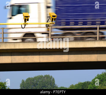 lorry passing average speed cameras at roadworks on the A64 york yorkshire united kingdom Stock Photo