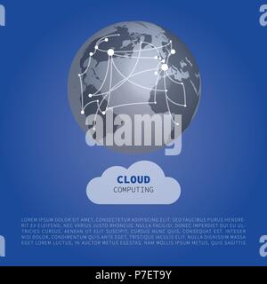 Cloud Computing Design Concept with world Map connections - Digital Network Connections, Technology Background Stock Vector