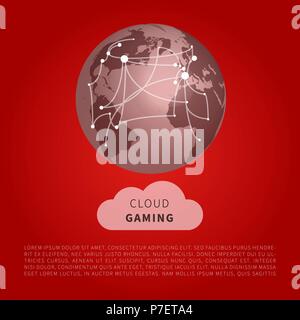 Cloud Gaming Design Concept with World Map connections - Digital Network Connections, Technology Background Stock Vector