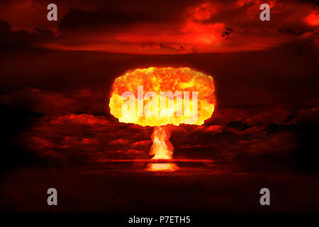 Atomic bomb realistic explosion, red color with smoke on black background Stock Photo