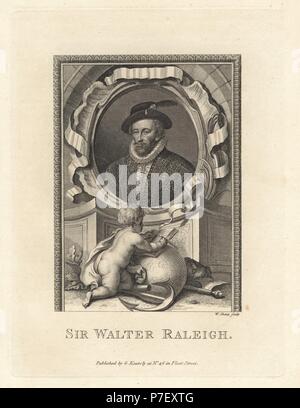 Portrait of Sir Walter Raleigh, 1554-1618, English aristocrat, writer, poet, soldier, politician, courtier, spy, and explorer. Within oval, decorated with putto and book, globe, anchor, axe and severed head. Copperplate engraving by William Sharp from The Copper Plate Magazine or Monthly Treasure, G. Kearsley, London, 1778. Stock Photo
