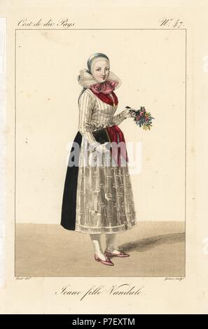 Young Vandal girl, Lower Lusacia, Germany, 19th century. She wears a traditional toquet with ruff collar and bow. Handcoloured copperplate engraving by Georges Jacques Gatine after an illustration by Louis Marie Lante from Costumes of Various Countries, Costumes de Divers Pays, Paris, 1827. Stock Photo