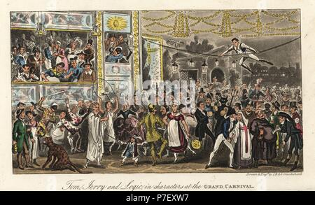 English dandies in fancy dress at a costume ball at Vauxhall Gardens, 1820. Tom, Jerry and Logic in characters at the Grand Carnival. Handcoloured copperplate engraving by Isaac Robert Cruikshank and George Cruikshank from Pierce Egan's Life in London, Sherwood, Jones, London, 1823. Stock Photo