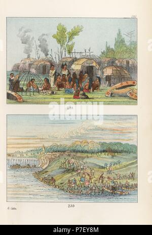 Chippewa encampment with round lodges of birch bark over frames, and Chippewa carrying canoes and belongings overland to pass the rapids and falls in a river. Handcoloured lithograph from George Catlin's Manners, Customs and Condition of the North American Indians, London, 1841. Stock Photo