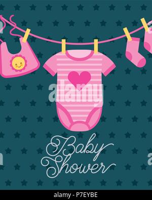 clothes for little girl hanging baby shower card Stock Vector