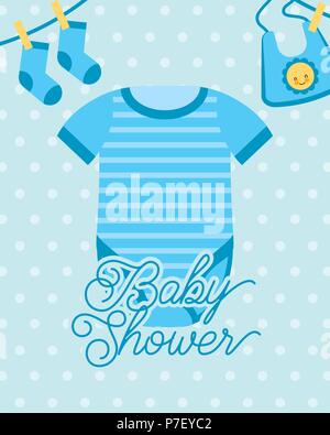 blue bodysuit and socks bib baby shower card Stock Vector