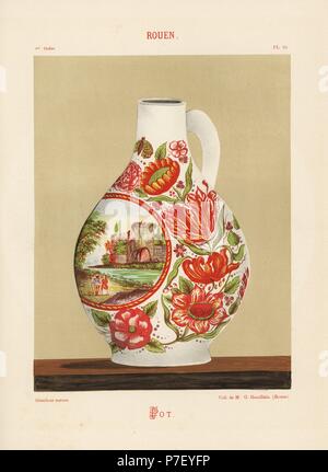 Decorative pot from Rouen with landscape vignette surrounded by flowers, tulips, roses, lilies. Hand-finished chromolithograph from Ris Paquot's General History of Ancient French and Foreign Glazed Pottery, Chez l'Auteur, Paris, 1874. Stock Photo