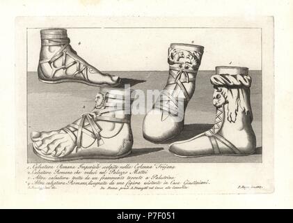 Imperial Roman footwear from the Trajan Column 1, Roman footwear from the Palazzo Mattei 2, sandal from a fragment found at Palestrina 3, and a Roman sandal from a figure in the Casa Giustiniani 4. Copperplate engraving by Pietro Ruga after an illustration by Lorenzo Rocceggiani from his own 100 Plates of Costumes Religious, Civil and Military of the Ancient Egyptians, Etruscans, Greeks and Romans, Franzetti, Rome, 1802. Stock Photo