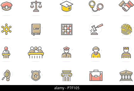 Set of vector crime, law, police and justice colored line icons. Sheriff star badge, jury, defendant, judge, officer, cop, prisoner, bandit, fingerprint, prison cell, auction hammer, libra, handcuffs, column and more. Stock Vector