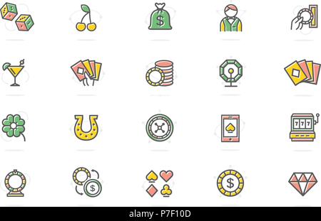 Set of vector gambling and casino colored line icons. Dice, horseshoe, clover, roulette, jackpot slot machine, lottery bingo, game cards, croupier, fortune wheel and more. Stock Vector