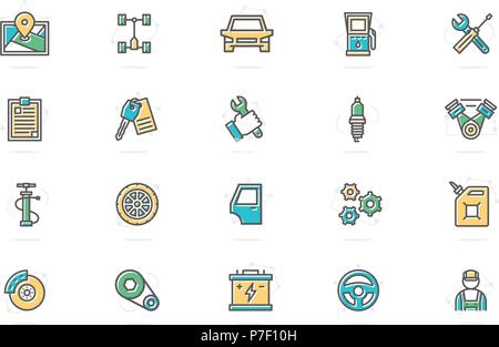 Set of vector car service and auto repair colored line icons. Route map, undercarriage, automobile, oil station, wrench, screwdriver, clipboard, key, spark plug, motor, mechanic, pump, wheel, gear wheel, disc brake and more. Stock Vector