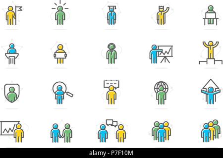 Set of vector human resources and business organization management colored line icons. Teamwork, presentation, customer support, b2b, search employees, SEO, company security, success and more. Stock Vector