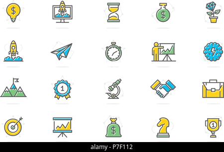 Set of vector startup and business colored line icons. Mountain peak, target, light bulb, trophy, award, presentation, handshake, brain, plant growth, knight chess, briefcase, stopwatch and more. Stock Vector