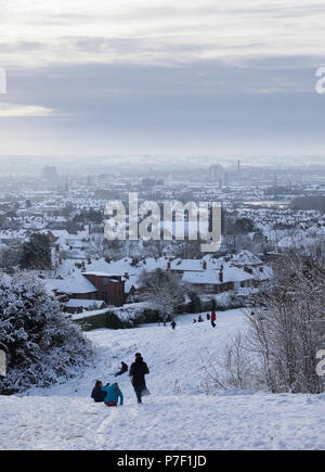 People playing in the snow, at Belfast Castle with a view of Belfast in the background Stock Photo