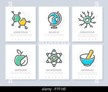 Set of vector science and research colored elements for multipurpose a4 presentation template. Leaflet, corporate report, marketing, advertising, book cover design. Stock Vector