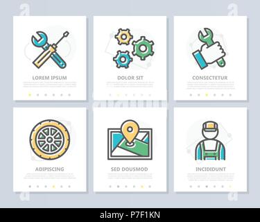 Set of vector car service and auto repair colored elements for multipurpose a4 presentation template. Leaflet, corporate report, marketing, advertising, book cover design. Stock Vector