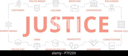 Set of vector crime, law, police and justice thin line banner for design concept. Illustration for presentations on white background Stock Vector