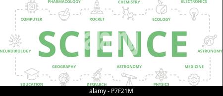 Set of vector science and research thin line banner for design concept. Illustration for presentations on white background Stock Vector