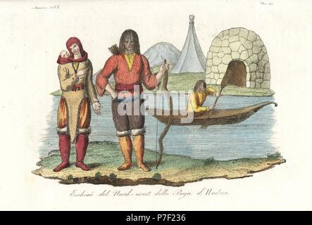 Inuit (Eskimo) family in sealskin clothes, and man in kayak in front of igloo and teepee, from the north of Hudson Bay. Handcoloured copperplate engraving from Giulio Ferrario's Ancient and Modern Costumes of all the Peoples of the World, Florence, Italy, 1837. Stock Photo
