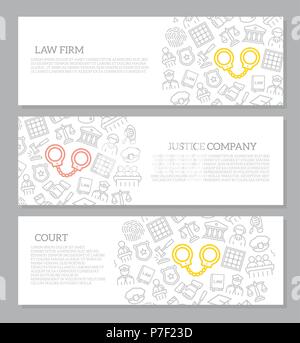 Set of vector crime, law, police and justice horizontal banners with icon pattern. Vector illustration Stock Vector