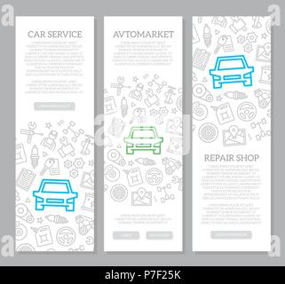 Set of vector car service and auto repair vertical banners with icon pattern. Vector illustration Stock Vector