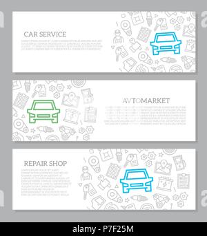 Set of vector car service and auto repair horizontal banners with icon pattern. Vector illustration Stock Vector
