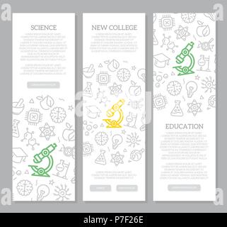 Set of vector science and research vertical banners with icon pattern. Vector illustration Stock Vector