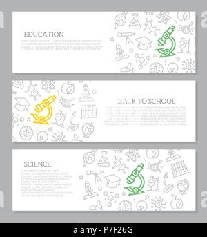 Set of vector science and research horizontal banners with icon pattern. Vector illustration Stock Vector