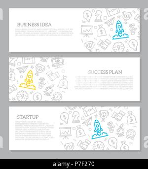Set of vector startup and business horizontal banners with icon pattern. Vector illustration Stock Vector