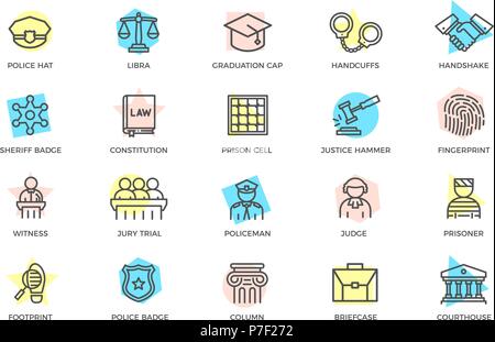 Set of vector crime, law, police and justice colored line icons with titles. Sheriff star badge, jury, defendant, judge, officer, cop, prisoner, bandit, fingerprint, prison cell, auction hammer, libra, handcuffs, column and more. Stock Vector