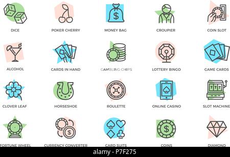 Set of vector gambling and casino colored line icons with titles. Dice, horseshoe, clover, roulette, jackpot slot machine, lottery bingo, game cards, croupier, fortune wheel and more. Stock Vector