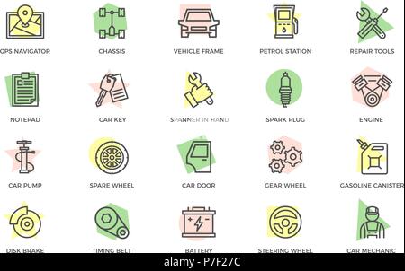 Set of vector car service and auto repair colored line icons with titles. Route map, undercarriage, automobile, oil station, wrench, screwdriver, clipboard, key, spark plug, motor, mechanic, pump, wheel, gear wheel, disc brake and more. Stock Vector