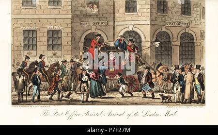 Arrival of the Royal Mail stage coach from London around 10AM at the Post Office, Bristol. Handcoloured copperplate drawn and engraved by Robert Cruikshank from The English Spy, London, 1825. Written by Bernard Blackmantle, a pseudonym for Charles Molloy Westmacott. Stock Photo